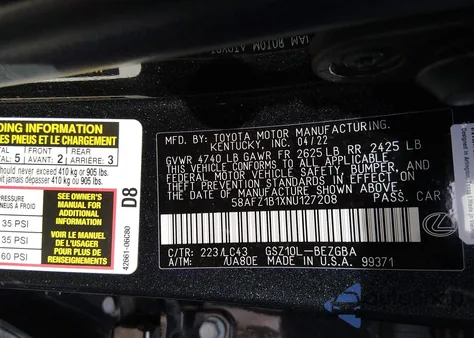 2022 Lexus Es 350 Ultra Luxury из США, поврежденный, VIN 58AFZ1B1XNU127208